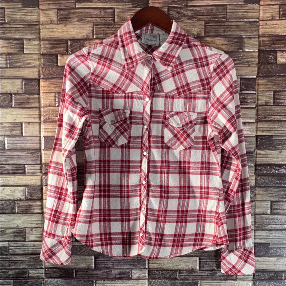 Vintage Juniors Periscope Red and White Plaid Flannel Large Button-Up Shirt